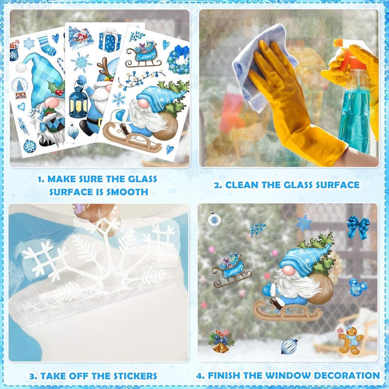 BORAMDO Christmas Gnome Snowflake Window Clings 12 Sheets, Blue Decals Stickers, Removable Holiday Decorations for Glass Windows, Xmas Home Office Decor, 12 Style - Image 4